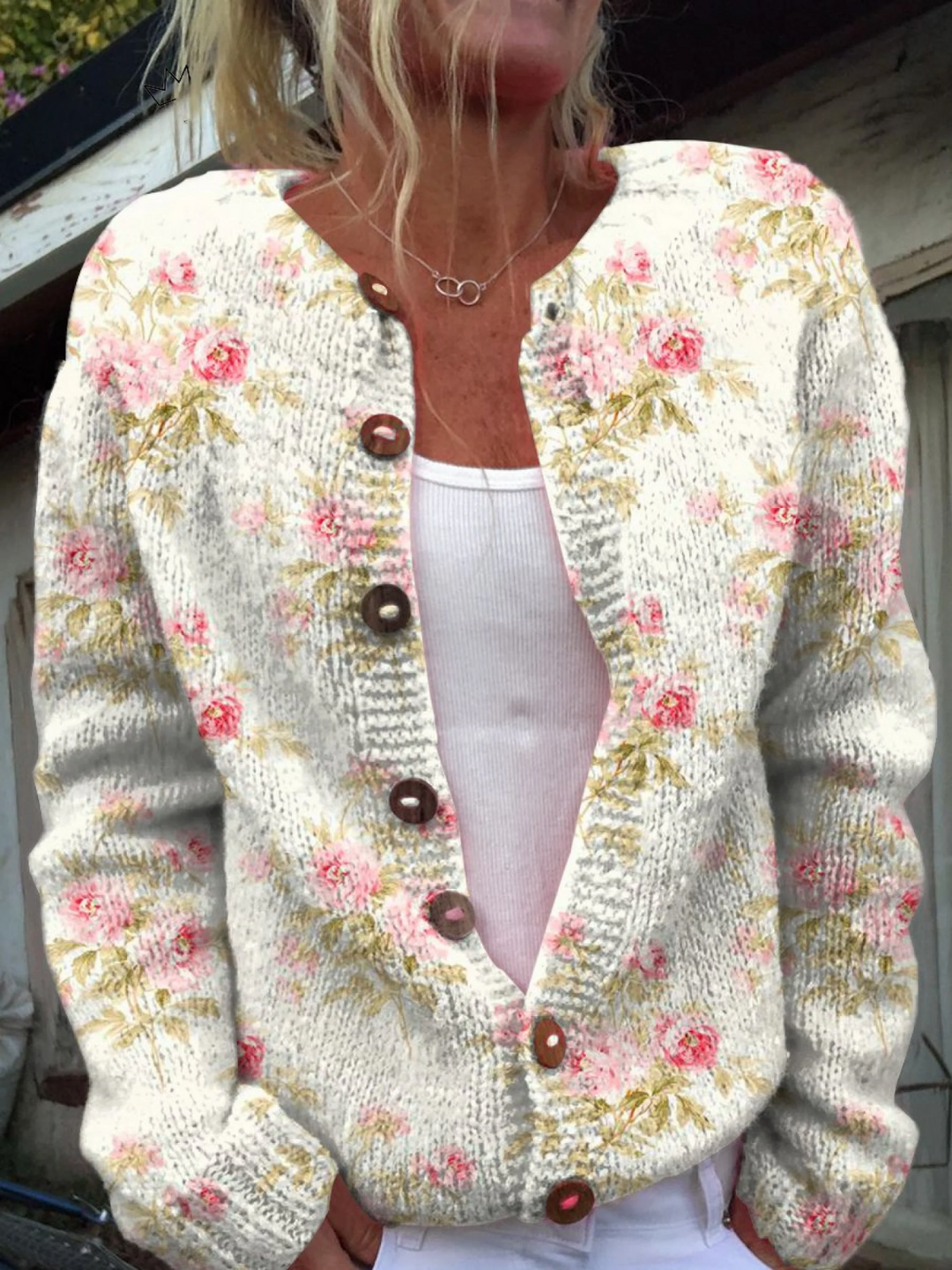 Ninon | Cardigan à fleurs roses et feuilles vertes