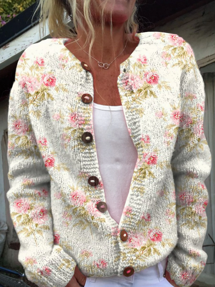 Ninon | Cardigan à fleurs roses et feuilles vertes
