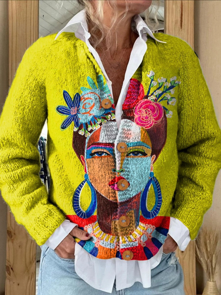 Solène | Cardigan en laine imprimé portrait Frida