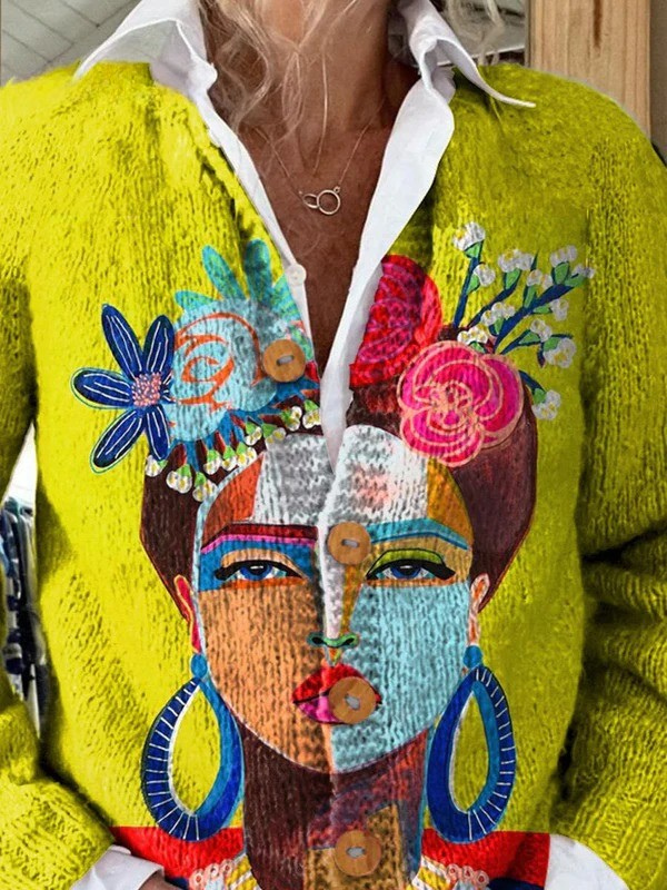 Solène | Cardigan en laine imprimé portrait Frida