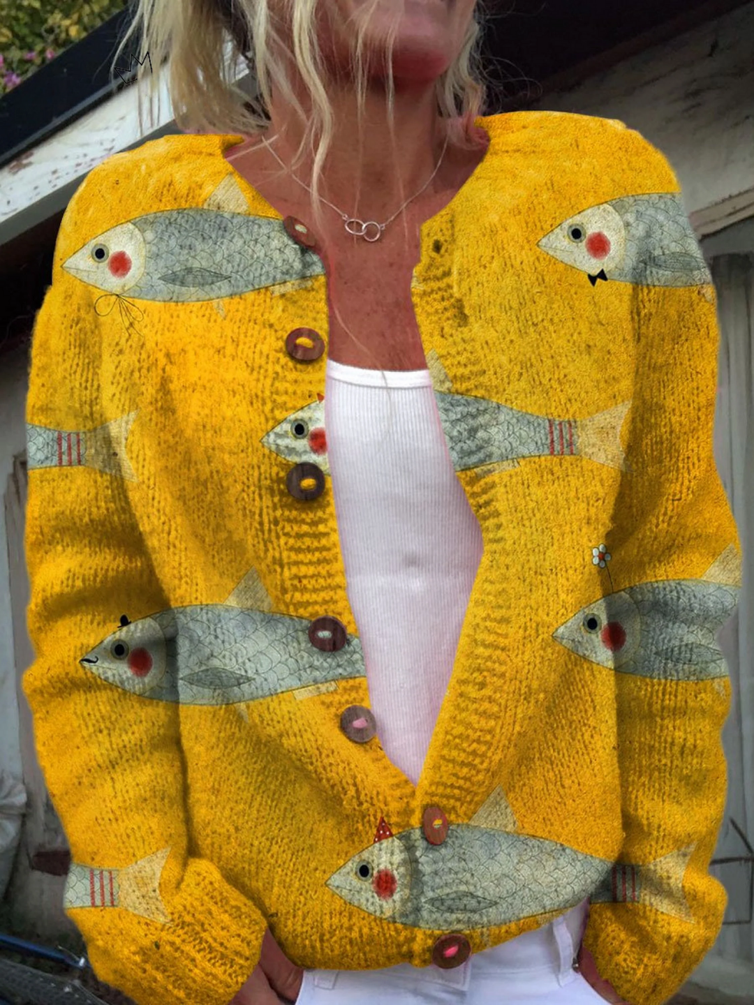 Sidonie | Cardigan boutonné à imprimé vintage de sardines