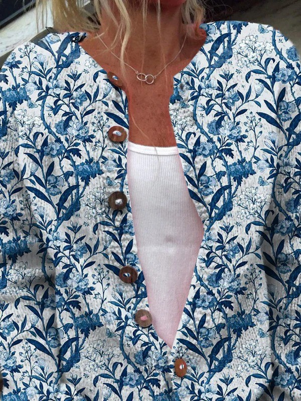 Blandine | Cardigan élégant à imprimé floral bleu et blanc