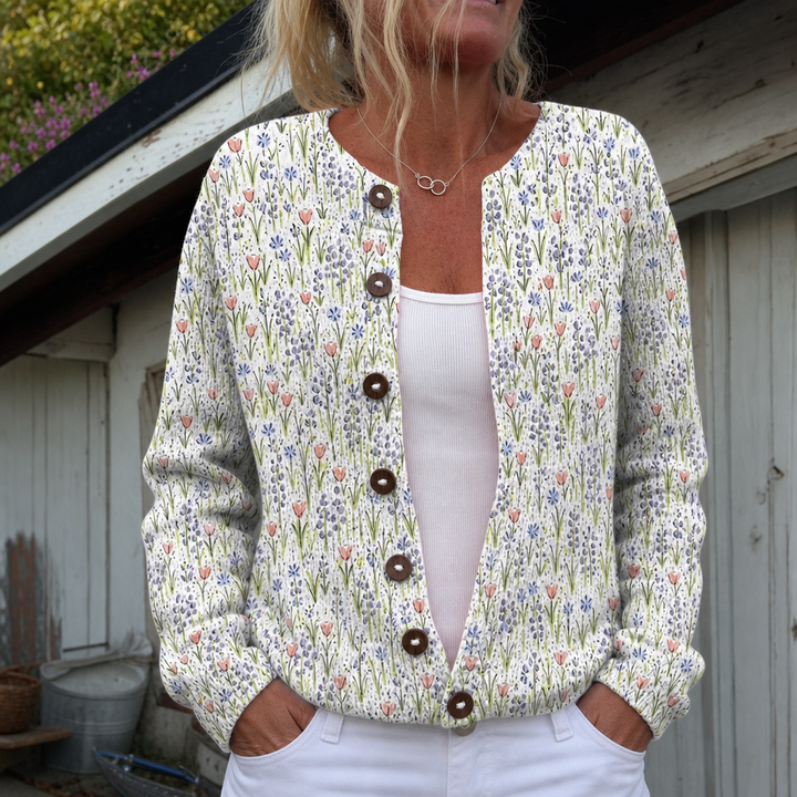 Justine | Gilet à motif floral de prairies printanières
