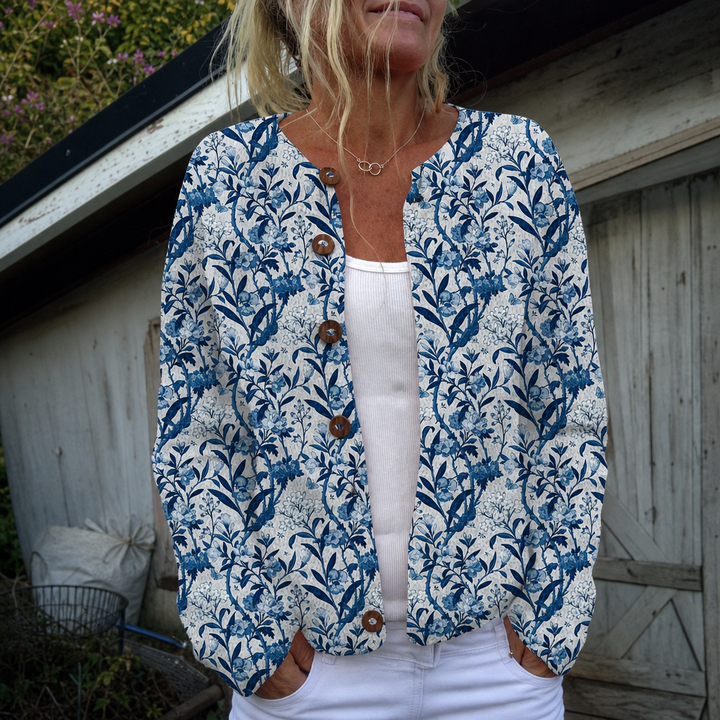 Blandine | Cardigan élégant à imprimé floral bleu et blanc