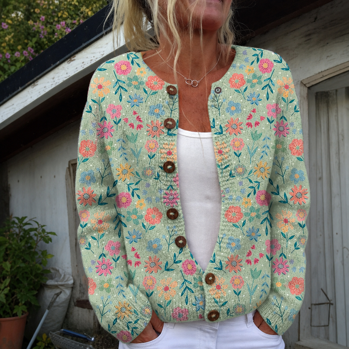 Maëlys | Cardigan tricoté à imprimé champêtre d’été