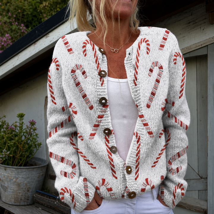 Solange | Cardigan festif au motif de sucre d’orge