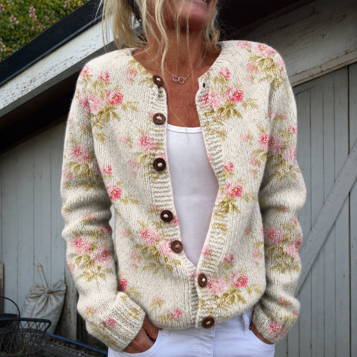 Ninon | Cardigan à fleurs roses et feuilles vertes