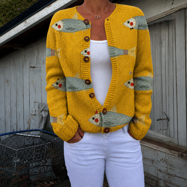 Sidonie | Cardigan boutonné à imprimé vintage de sardines