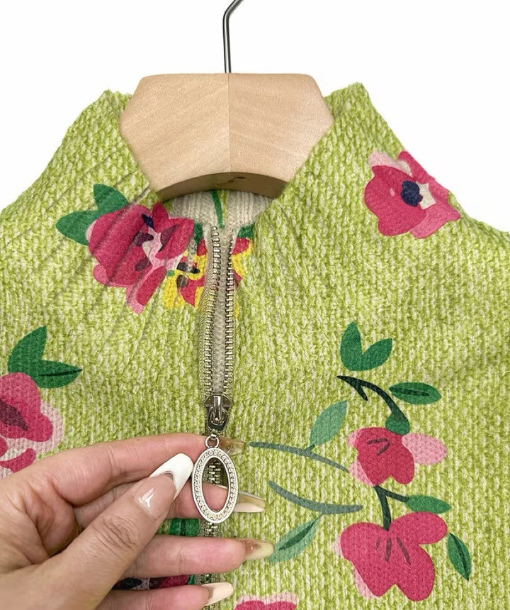 Lauren - Cardigan à Fleurs Roses et Zippé Citron Vert