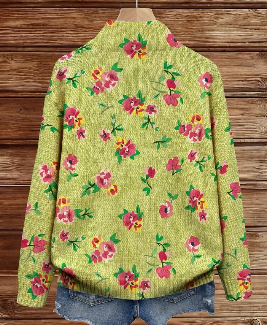 Lauren - Cardigan à Fleurs Roses et Zippé Citron Vert