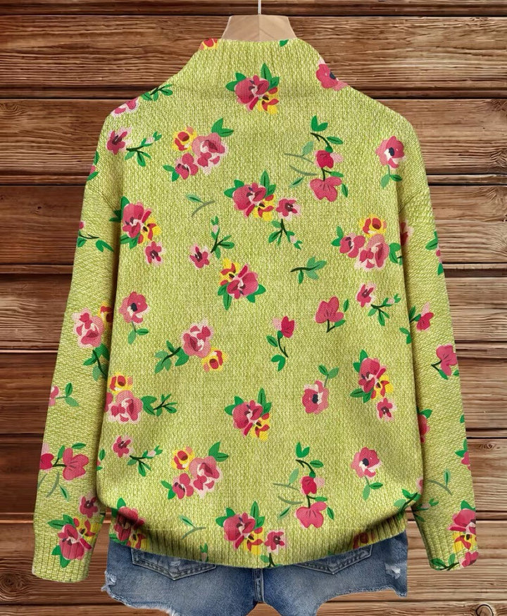 Lauren - Cardigan à Fleurs Roses et Zippé Citron Vert
