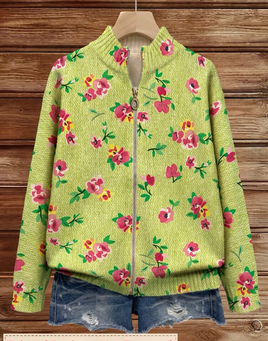 Lauren - Cardigan à Fleurs Roses et Zippé Citron Vert