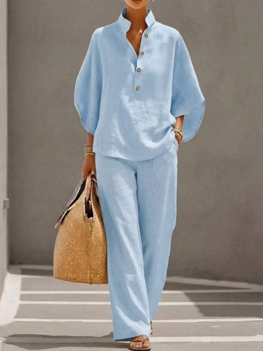 Maribel™ | Ensemble en lin à manches chauve-souris et pantalon ample
